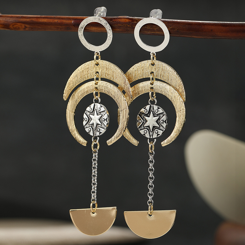Two-Tone Plated Boho Crescent & Star Drop Earrings